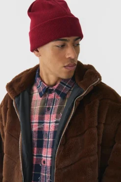 Oversized Striped Faux Fur Funnel Neck Jacket In Brown