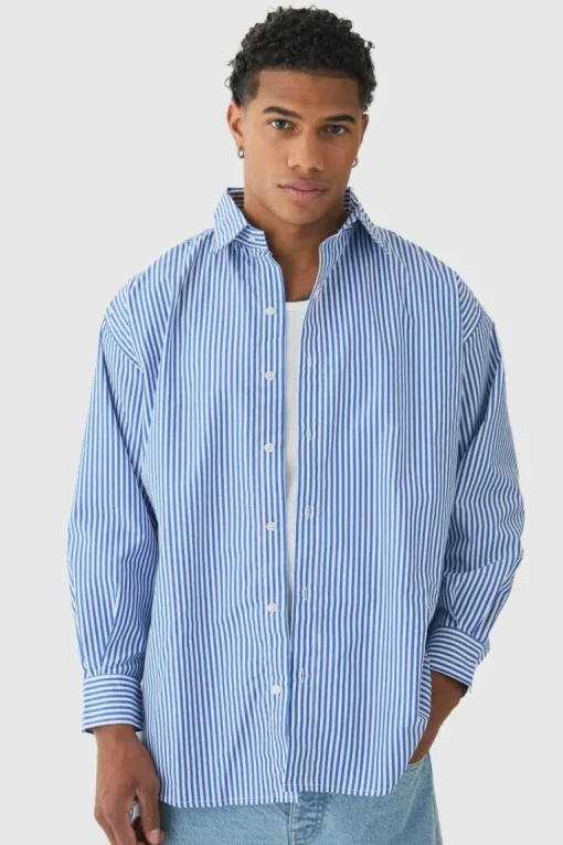 Oversized Striped Long Sleeve Shirt In Blue