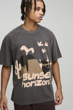 Oversized Sunset Western Puff Print Washed Graphic T-Shirt