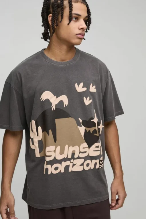 Oversized Sunset Western Puff Print Washed Graphic T-Shirt