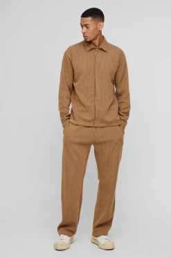 Oversized Two-tone Zip Ribbed Jersey Shirt & Straight Jogger Set