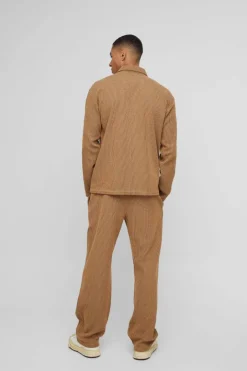 Oversized Two-tone Zip Ribbed Jersey Shirt & Straight Jogger Set
