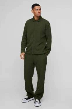 Oversized Two-tone Zip Ribbed Jersey Shirt & Straight Jogger Set