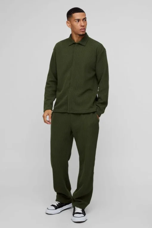 Oversized Two-tone Zip Ribbed Jersey Shirt & Straight Jogger Set