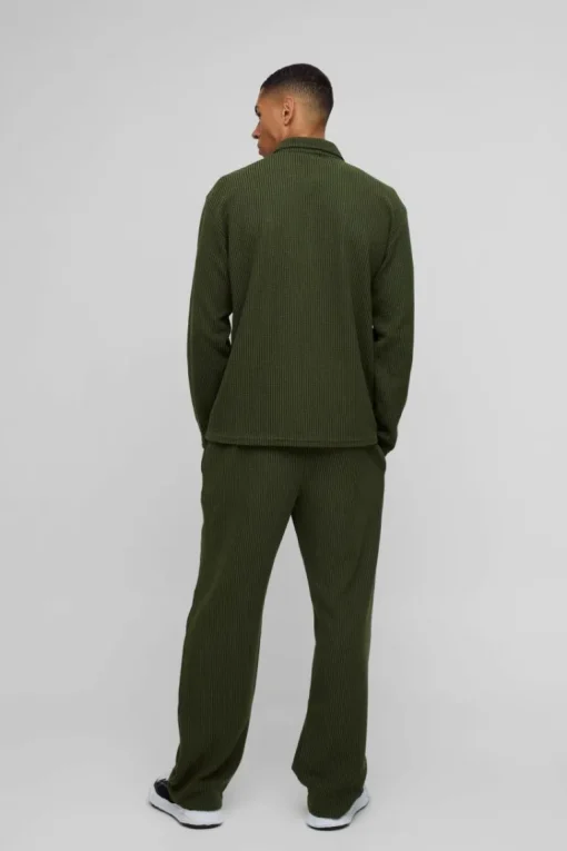 Oversized Two-tone Zip Ribbed Jersey Shirt & Straight Jogger Set