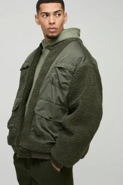 Oversized Utility Borg And Nylon Bomber Jacket In Khaki