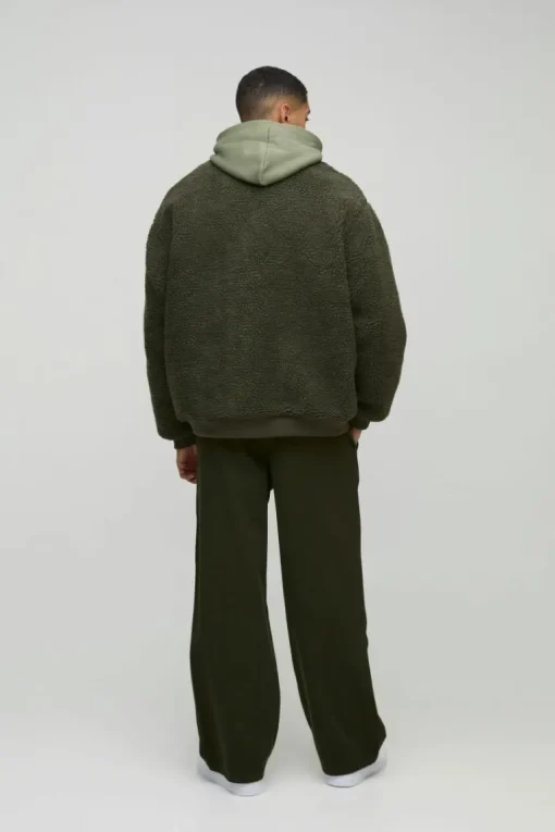 Oversized Utility Borg And Nylon Bomber Jacket In Khaki