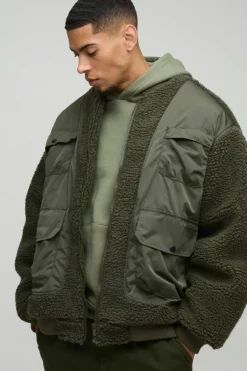 Oversized Utility Borg And Nylon Bomber Jacket In Khaki