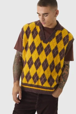 Oversized V Neck Argyle Fluffy Knit Vest