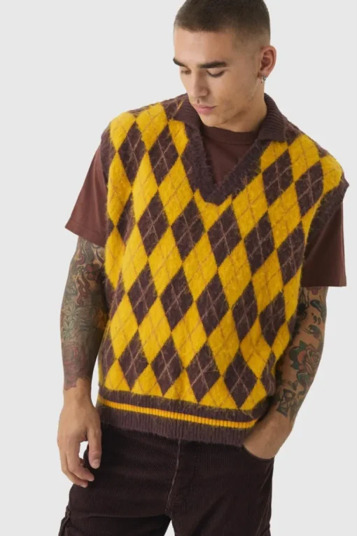 Oversized V Neck Argyle Fluffy Knit Vest