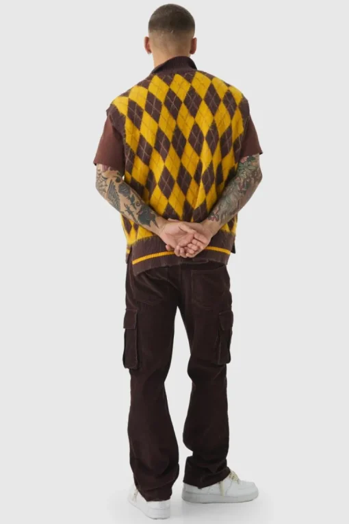 Oversized V Neck Argyle Fluffy Knit Vest