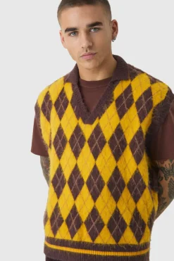 Oversized V Neck Argyle Fluffy Knit Vest