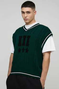 Oversized V Neck Varsity Stripe Knitted Vest