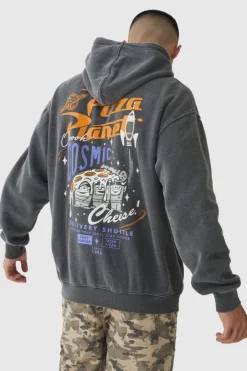 Oversized Wash Pixar Toy Story Pizza Planet License Hoodie