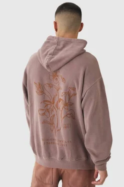 Oversized Washed Floral Line Drawing Graphic Hoodie