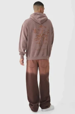 Oversized Washed Floral Line Drawing Graphic Hoodie