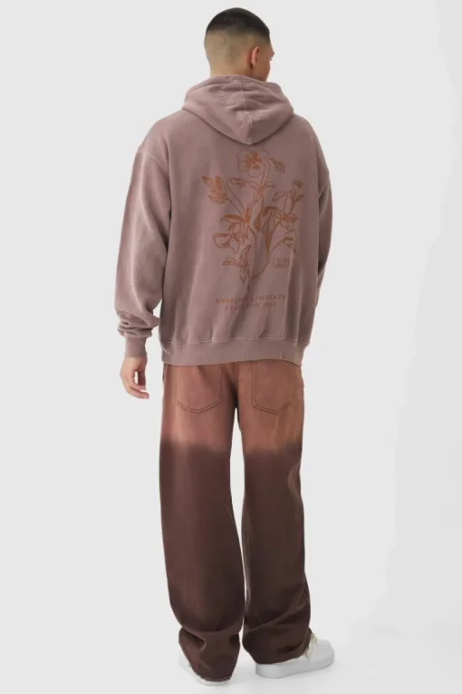 Oversized Washed Floral Line Drawing Graphic Hoodie