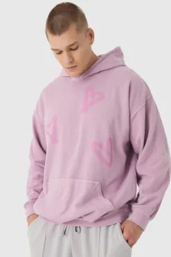 Oversized Washed Graffiti Heart Hoodie