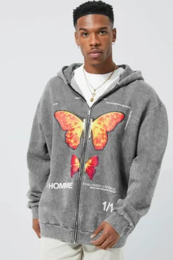 Oversized Washed Graphic Zip Through Hoodie