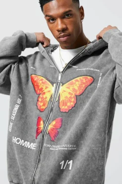 Oversized Washed Graphic Zip Through Hoodie