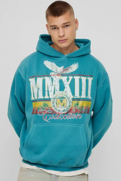 Oversized Washed MMXII Print Hoodie