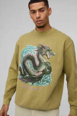 Oversized Washed Official Dragon Graphic Sweatshirt