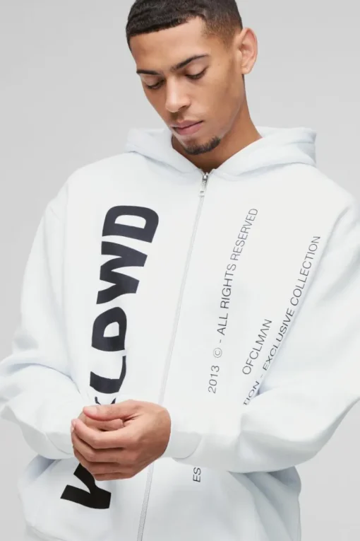 Oversized Worldwide Text Zip Through Hoodie