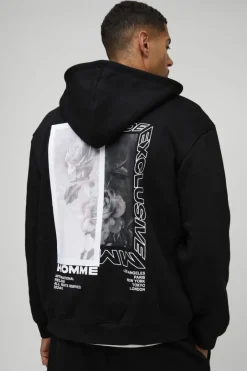 Oversized Zip Through Monochrome Floral Print Hoodie