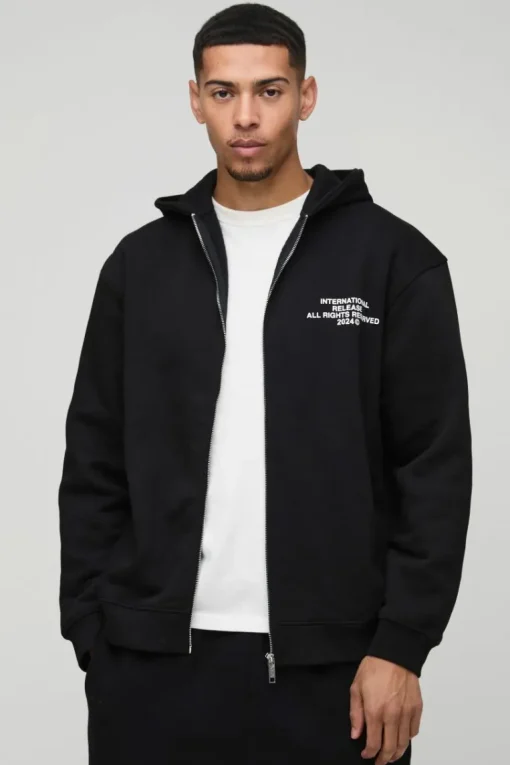 Oversized Zip Through Monochrome Floral Print Hoodie