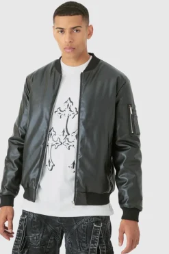 Padded PU Ma1 Bomber Jacket In Black