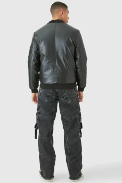 Padded PU Ma1 Bomber Jacket In Black