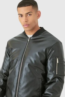 Padded PU Ma1 Bomber Jacket In Black