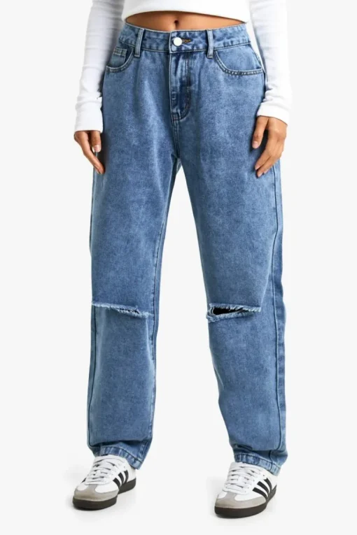 Petite High Waist Distressed Mom Jeans