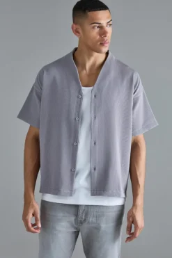 Pleated Boxy Short Sleeve Collarless Shirt