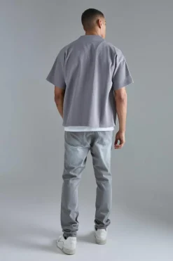 Pleated Boxy Short Sleeve Collarless Shirt