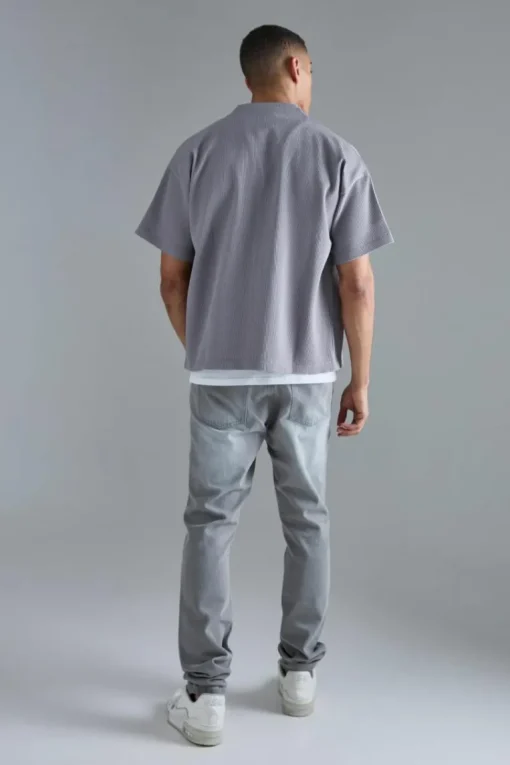 Pleated Boxy Short Sleeve Collarless Shirt