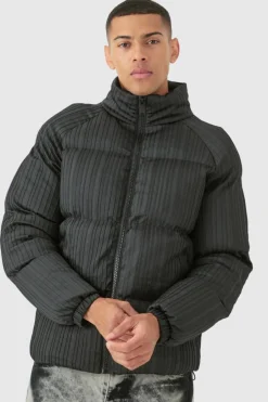 Pleated Funnel Neck Puffer Coat In Black