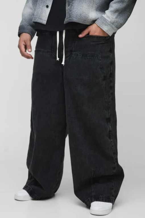 Plus Acid Wash Parachute Fit Elasticated Waist Carpenter Trousers