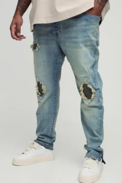 Plus Biker Rip & Repair Stonewash Zip Hem Skinny Jeans