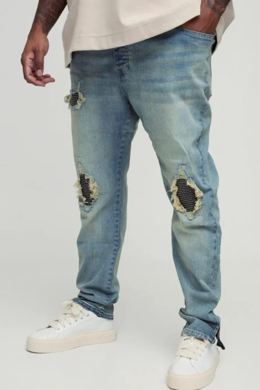 Plus Biker Rip & Repair Stonewash Zip Hem Skinny Jeans