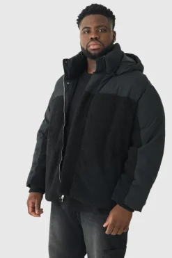 Plus Borg And Nylon Padded Coat In Black