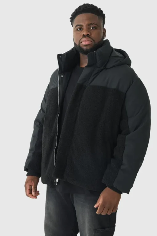 Plus Borg And Nylon Padded Coat In Black