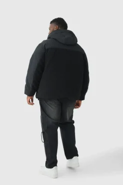 Plus Borg And Nylon Padded Coat In Black