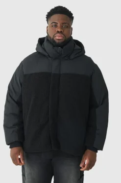 Plus Borg And Nylon Padded Coat In Black