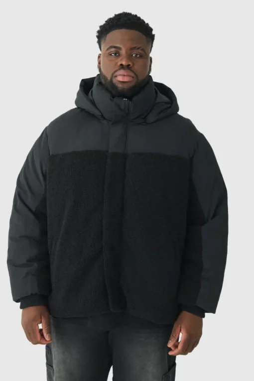 Plus Borg And Nylon Padded Coat In Black