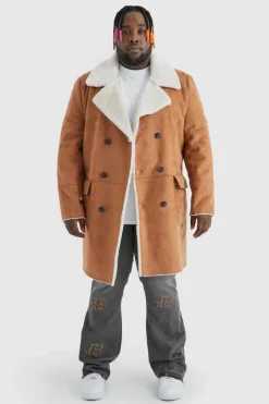 Plus Borg Lined Double Breasted Overcoat in Tan