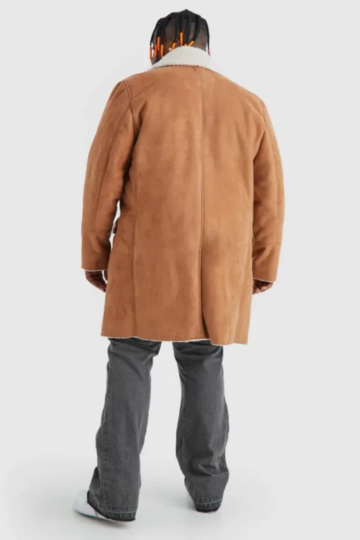 Plus Borg Lined Double Breasted Overcoat in Tan