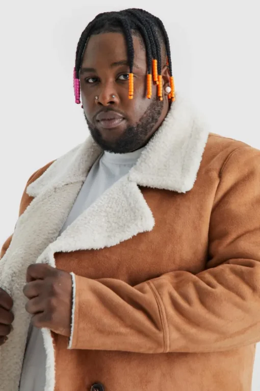 Plus Borg Lined Double Breasted Overcoat in Tan