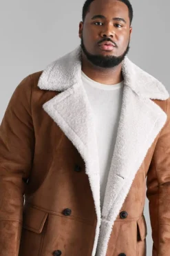 Plus Borg Lined Double Breasted Overcoat in Tan