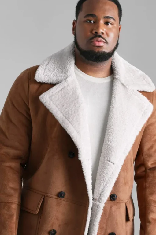 Plus Borg Lined Double Breasted Overcoat in Tan